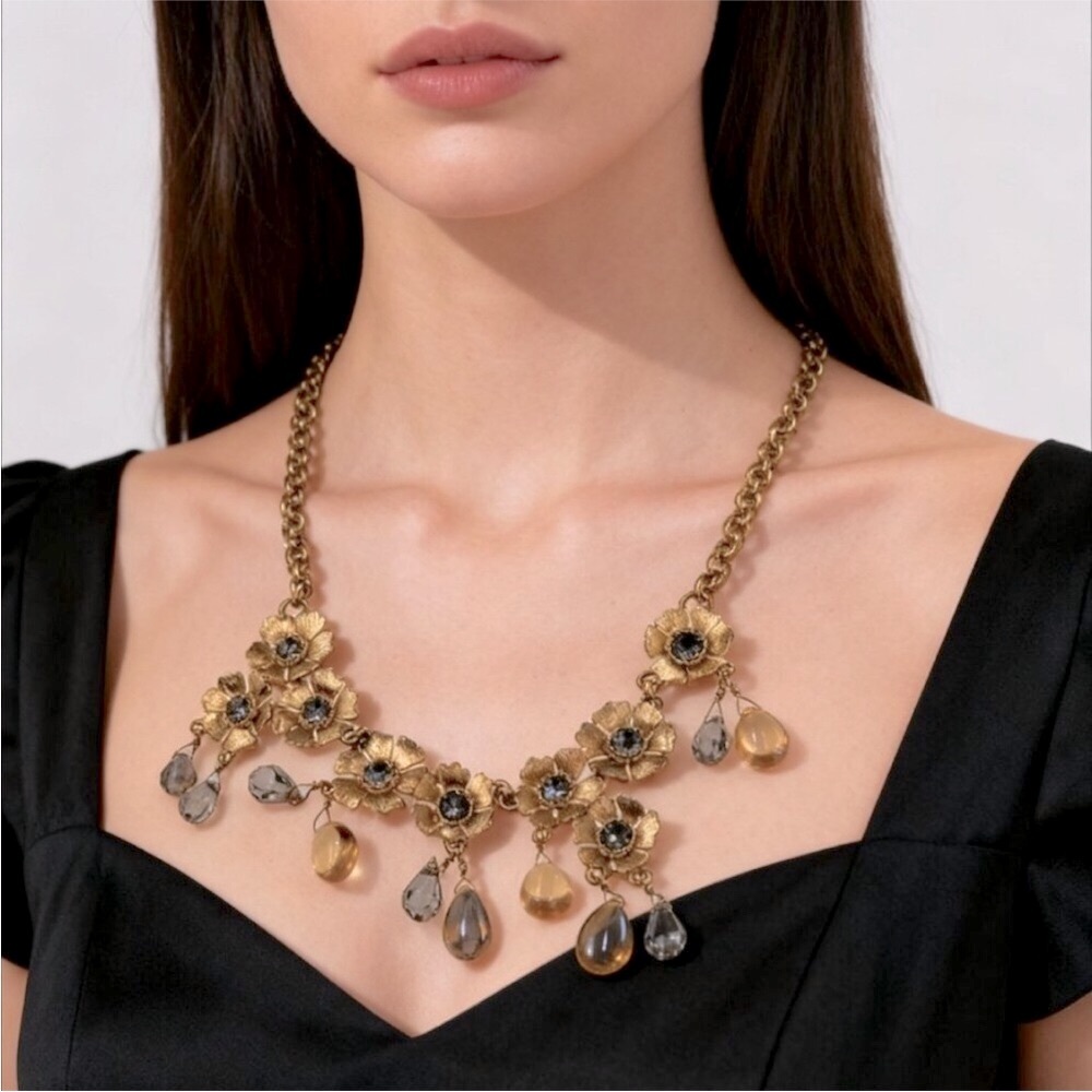 RARE J. Crew Gold Floral & Crystal Dewdrop Rhinestone Statement Collar Necklace